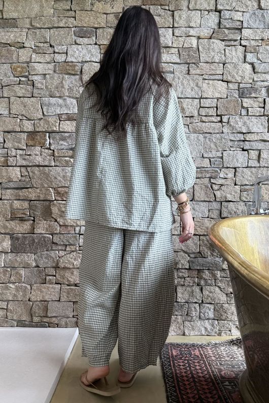 Arbi Gingham Peasant Smock Blouse Khaki